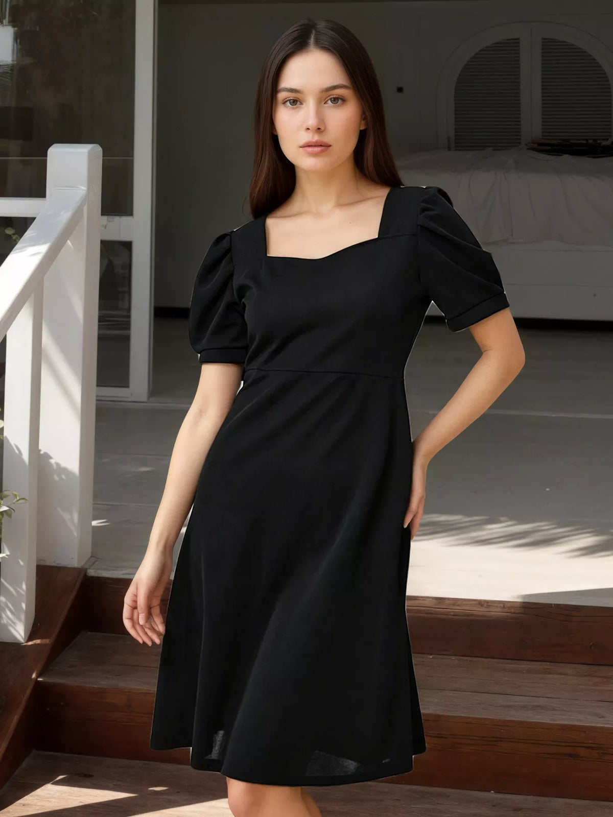 Puff Sleeve Bow Back Mini Dress in Black