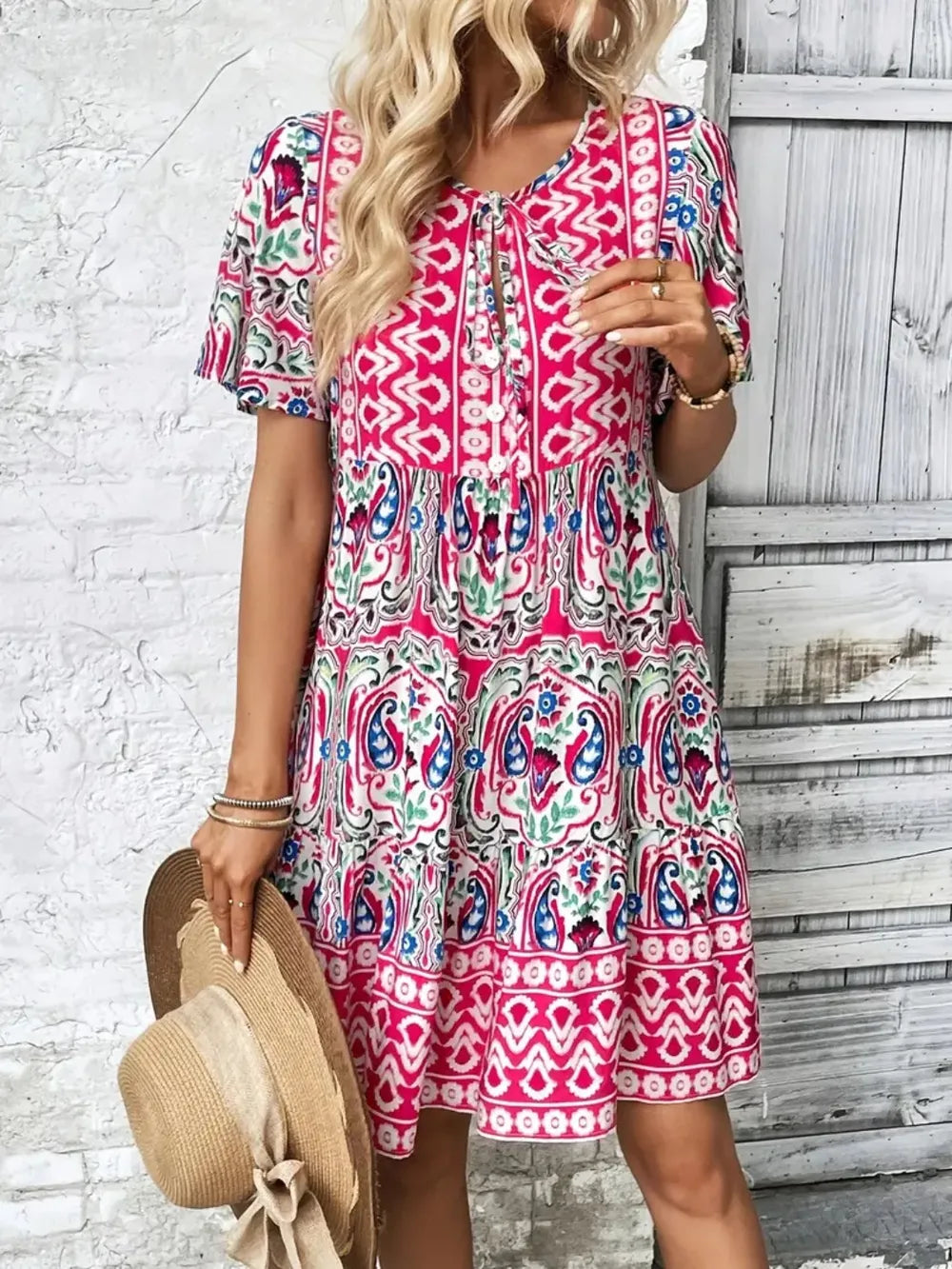 Printed Tie-Neck Short Sleeve Dress