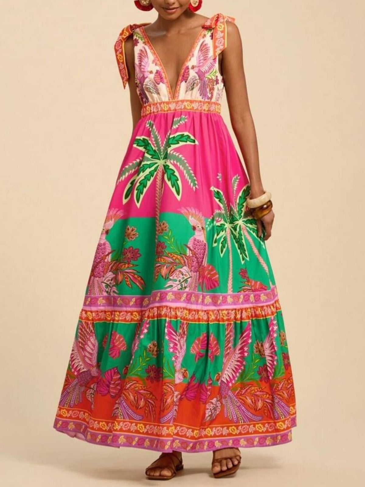 Tropical Print Tie-Shoulder Maxi Dress in Hot Pink