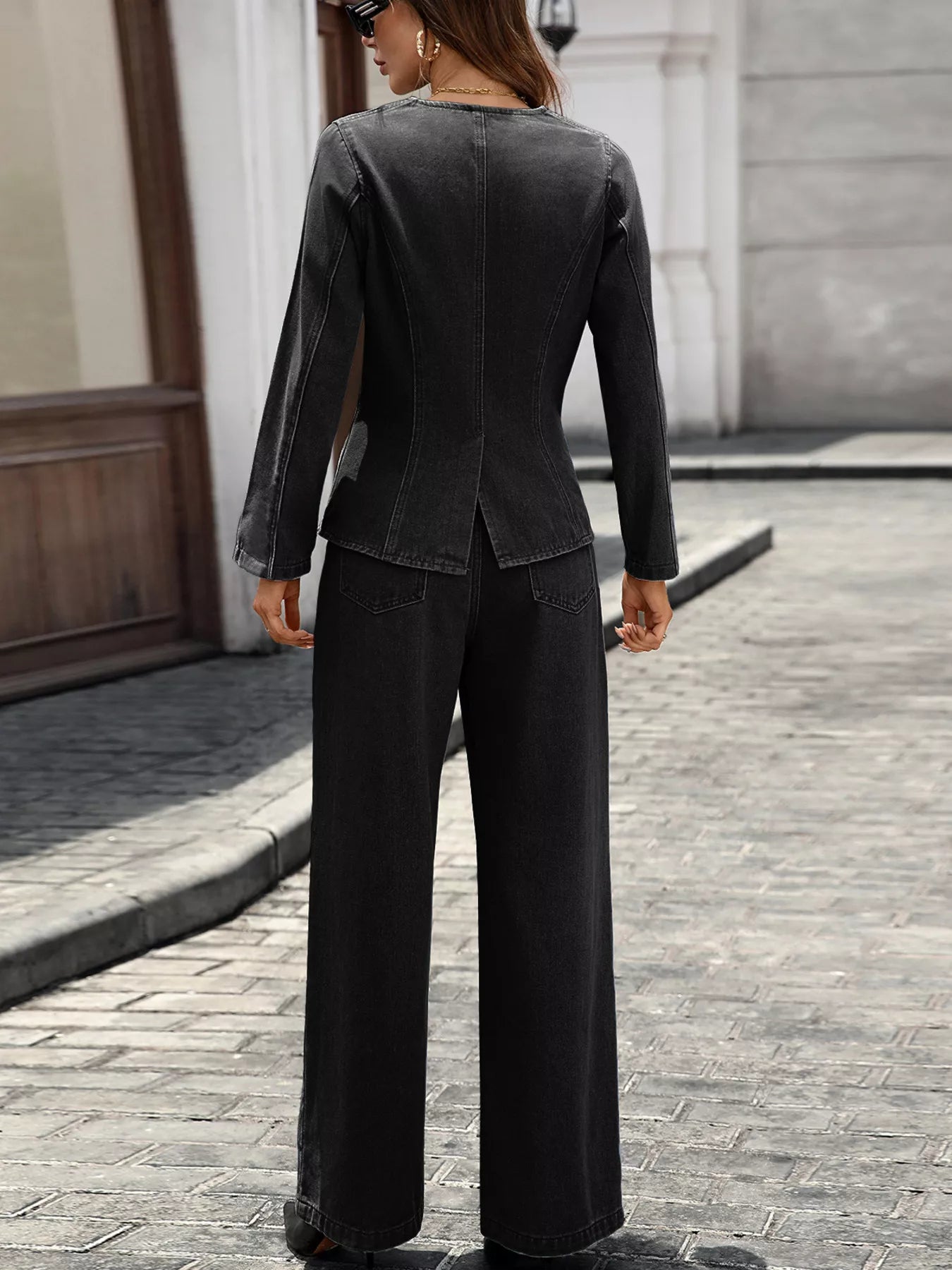 Button-Up Long Sleeve Top and Jeans Denim Set by Moni Wear
