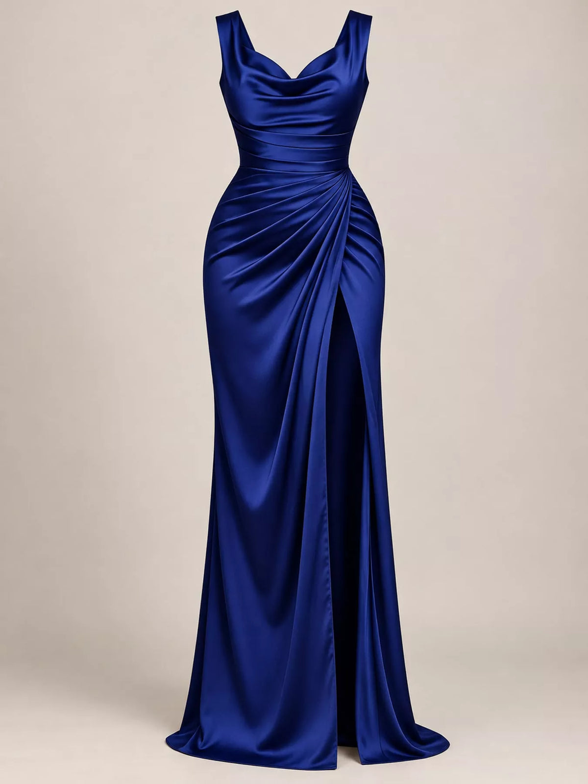 Satin Cowl Neck High-Slit Evening Maxi Dress
