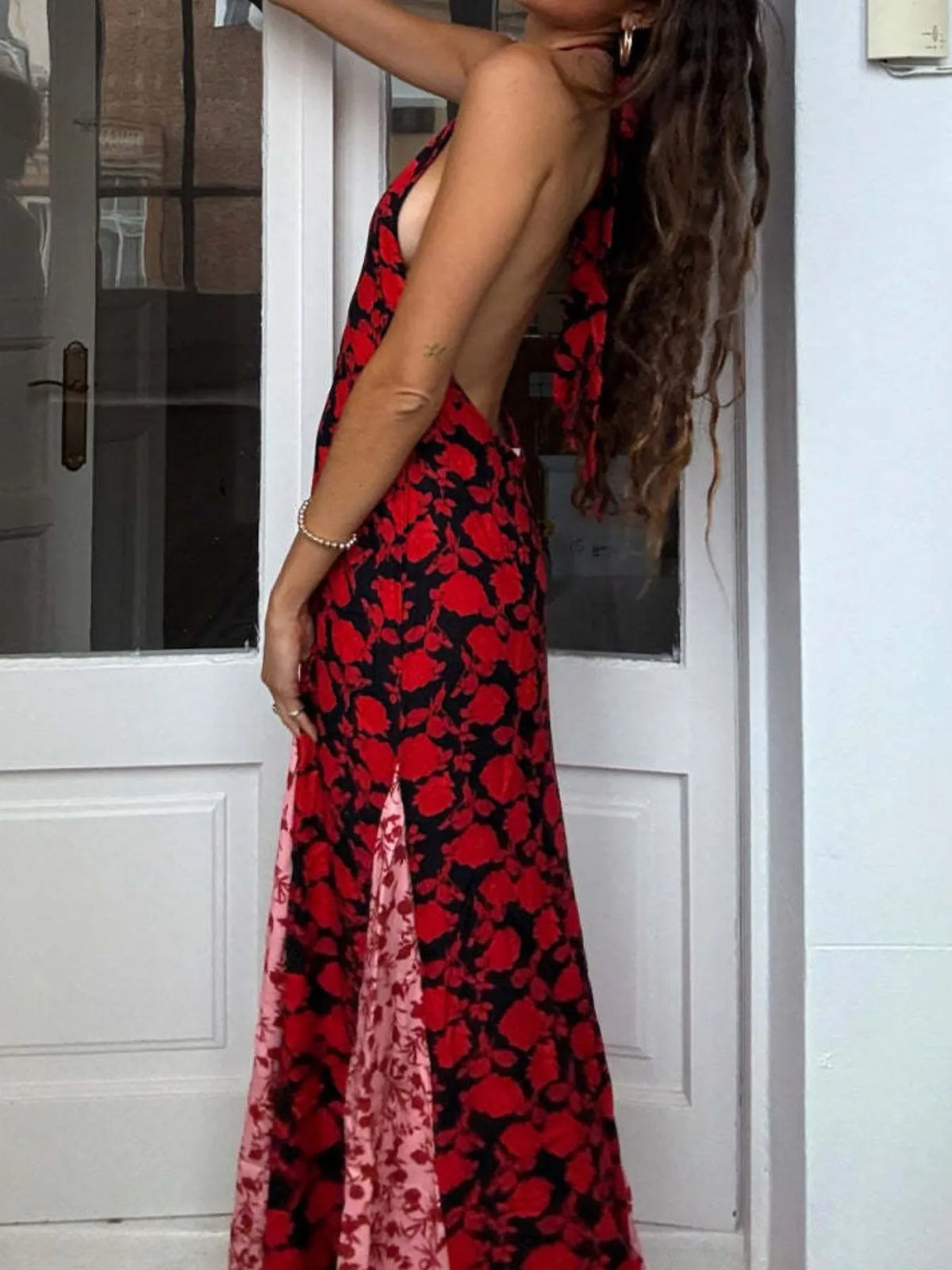 Backless Halter Polka Dot Maxi Dress in Deep Red by Mystique Q