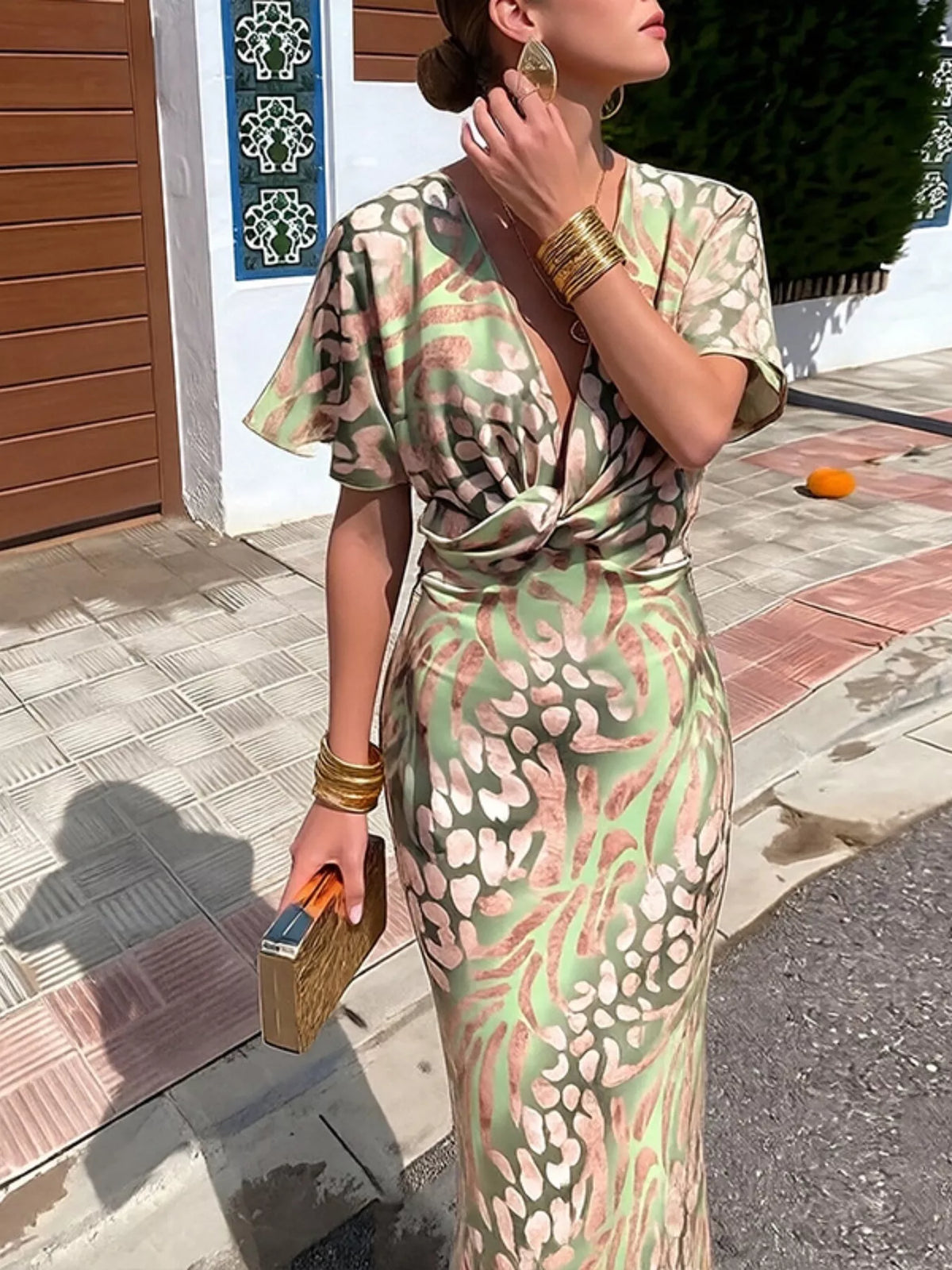Twist-Front Animal Print Maxi Dress in Sage