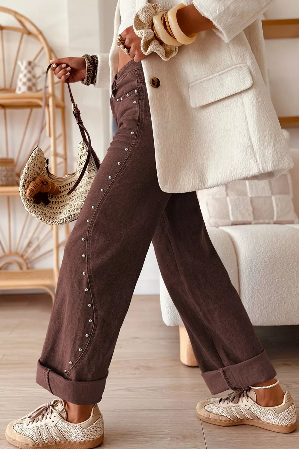 Studded Wide Leg Jeans in Dark Brown