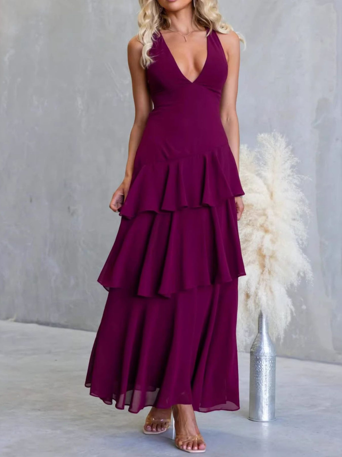 Ruffled Layered Backless Maxi Dress