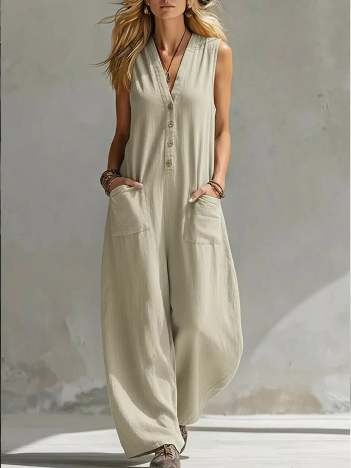 V-Neck Sleeveless Wide Leg Jumpsuit, Plus Size