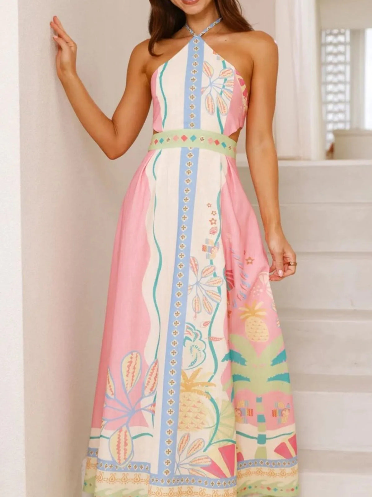 Halter Neck Printed Backless Maxi Dress in Blush Pink