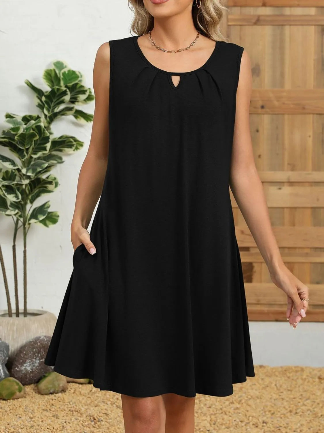 Ruched Round Neck Sleeveless Dress with Pockets