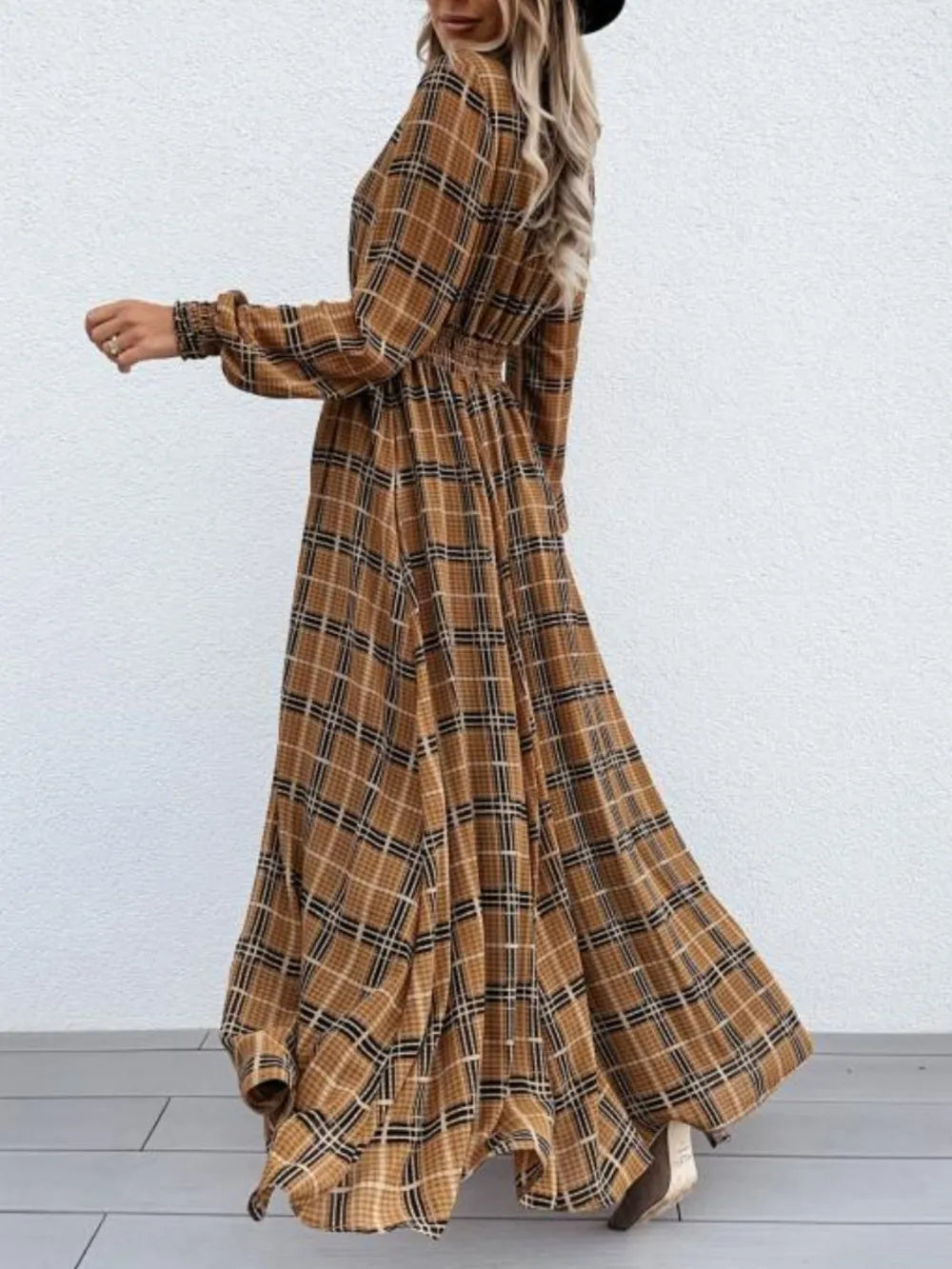 Plaid Tie Neck Slit Maxi Dress in Camel