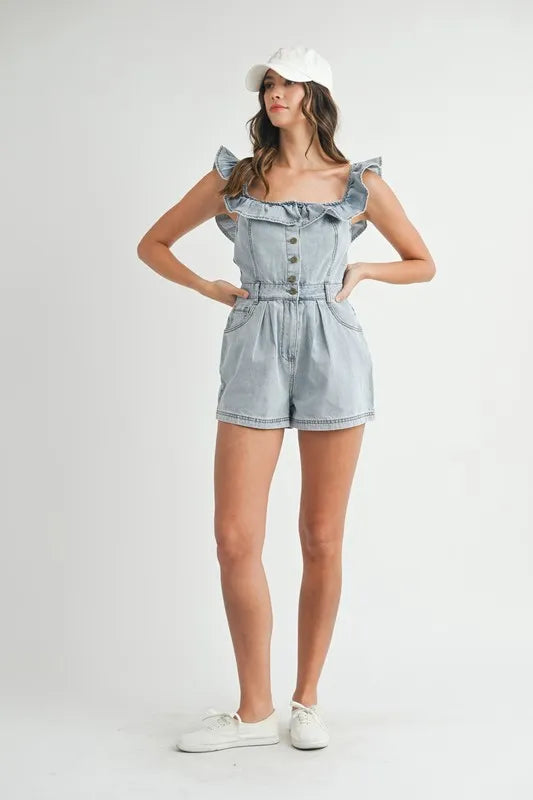 Off Shoulder Ruffle Denim Romper in Light Denim in Lt Denim