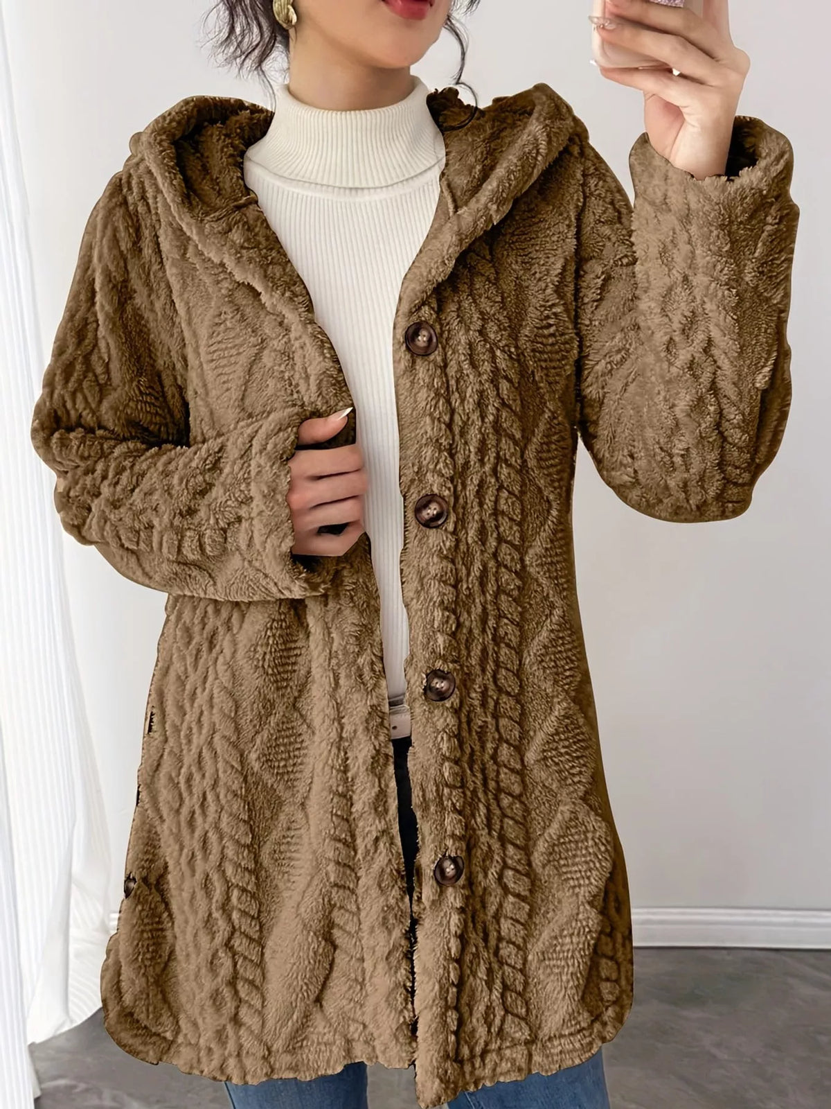 Cozy Cable-Knit Faux Fur Hooded Jacket