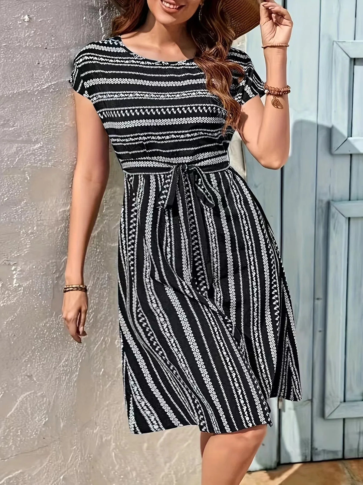 Striped Round Neck Short Sleeve Casual Dress by Elaine