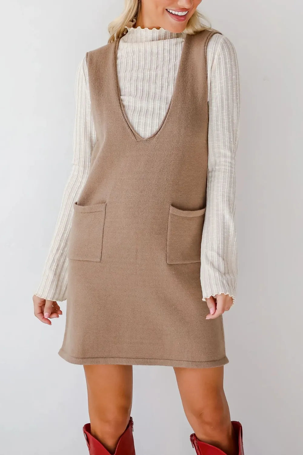 Pocketed V-Neck Mini Sweater Overall Dress
