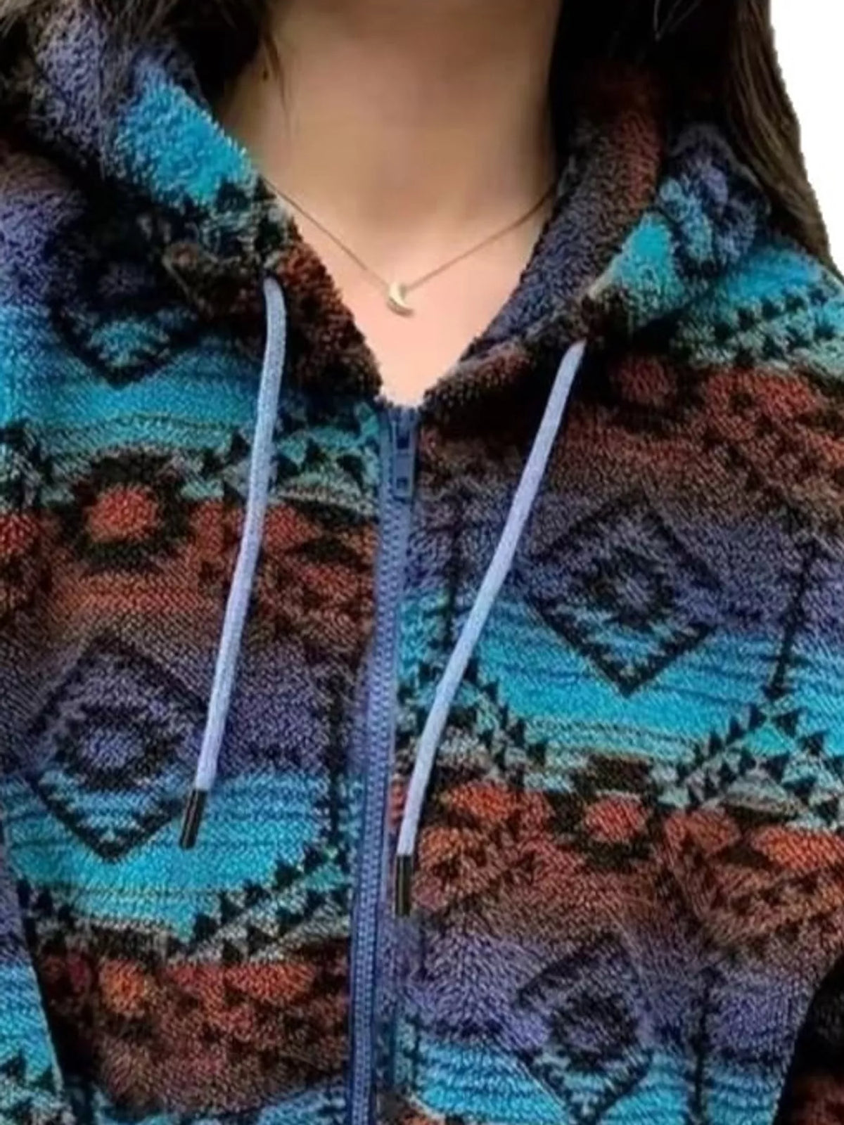 Geometric Print Fleece Zip-Up Jacket in Blue in Blue-Single Piece Jacket