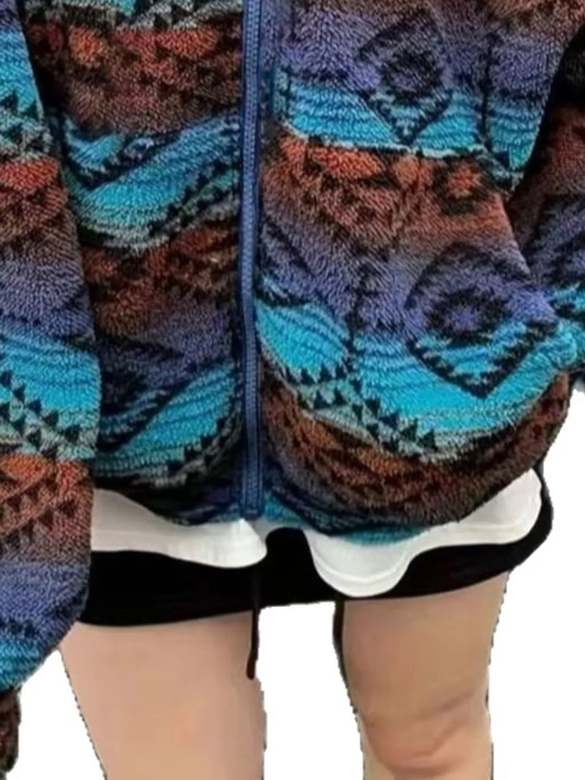 Geometric Print Fleece Zip-Up Jacket in Blue in Blue-Single Piece Jacket