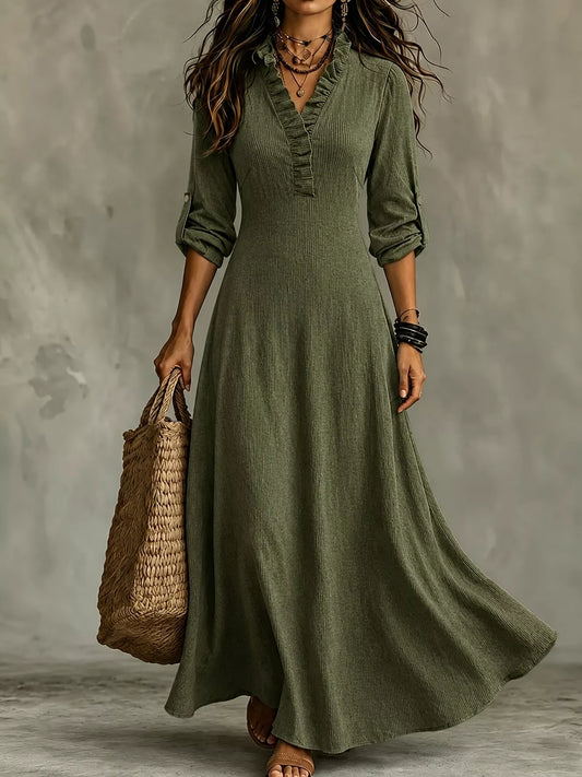 V-Neck Ruffled Maxi Dress with Roll-Up Sleeves