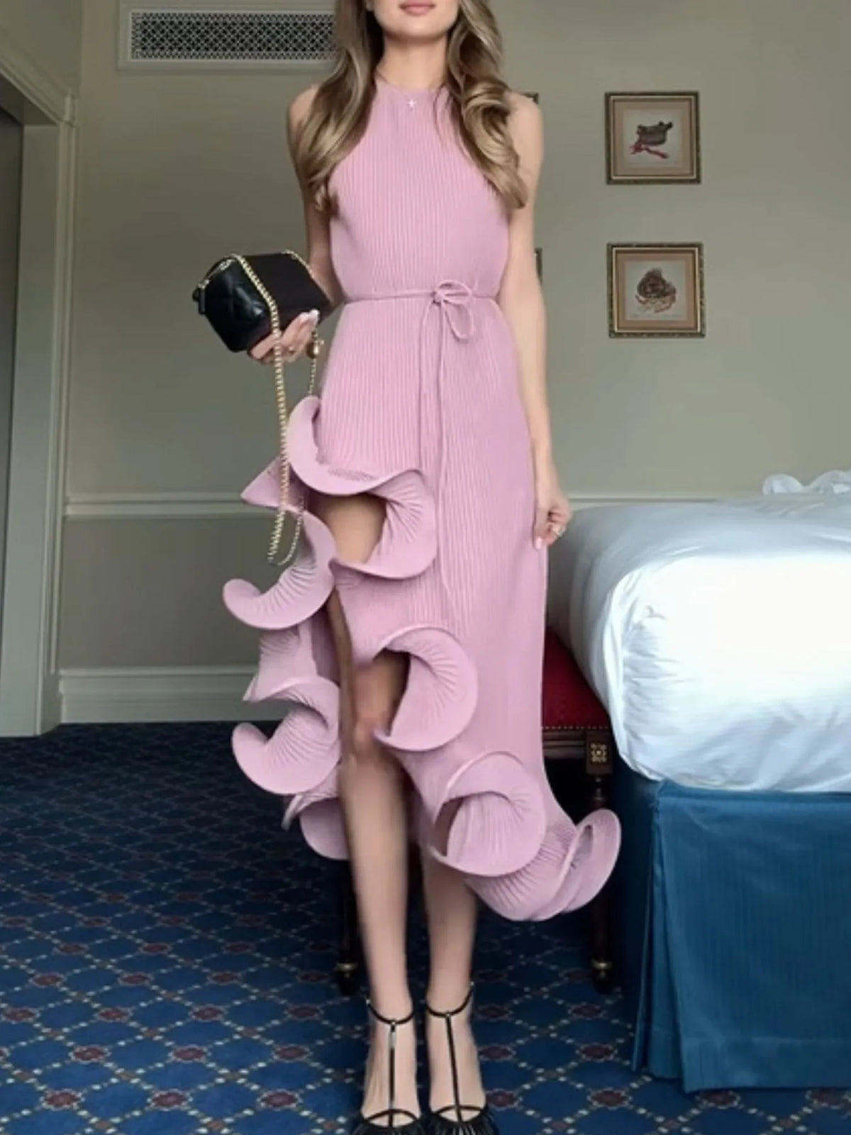 Ruffle Hem Ribbed Sleeveless Dress