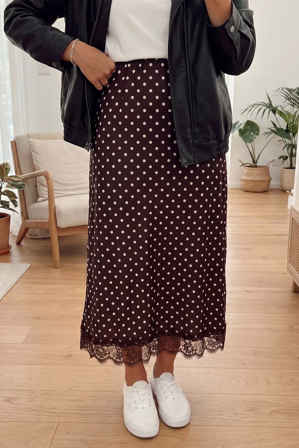 Polka Dot Lace-Hem Shift Skirt in Dark Brown