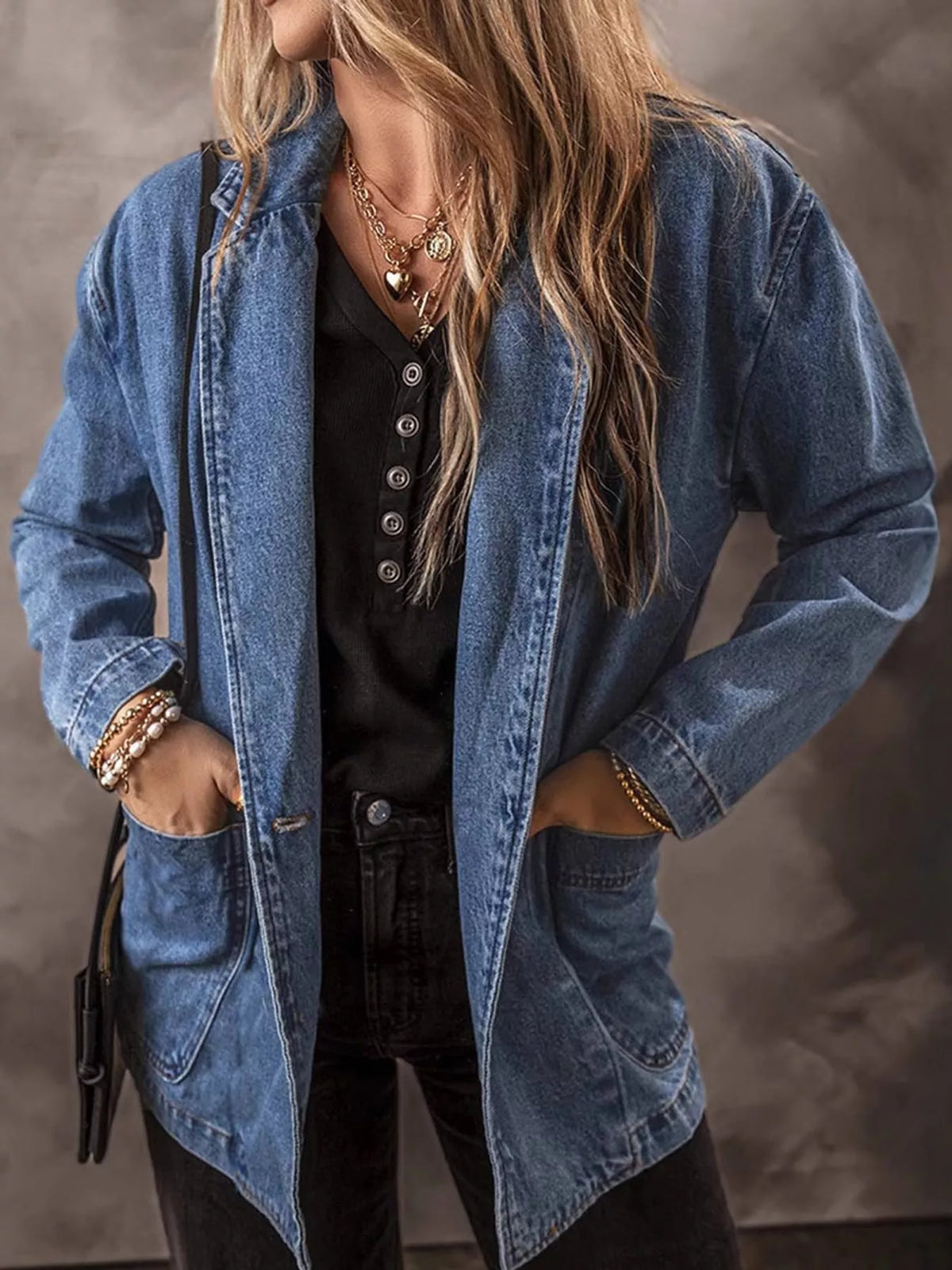 One-Button Denim Blazer in Medium Wash