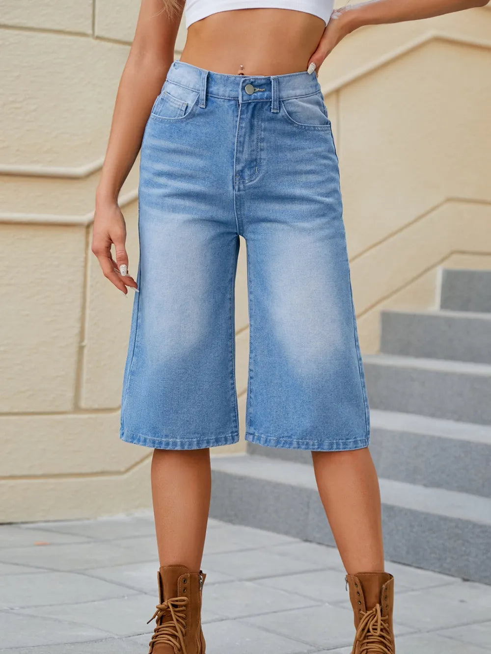 High Waist Denim Shorts in Medium Wash by Manny