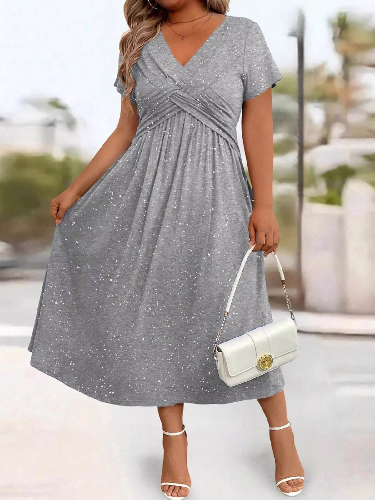 Glitter Flutter Sleeve Midi Dress