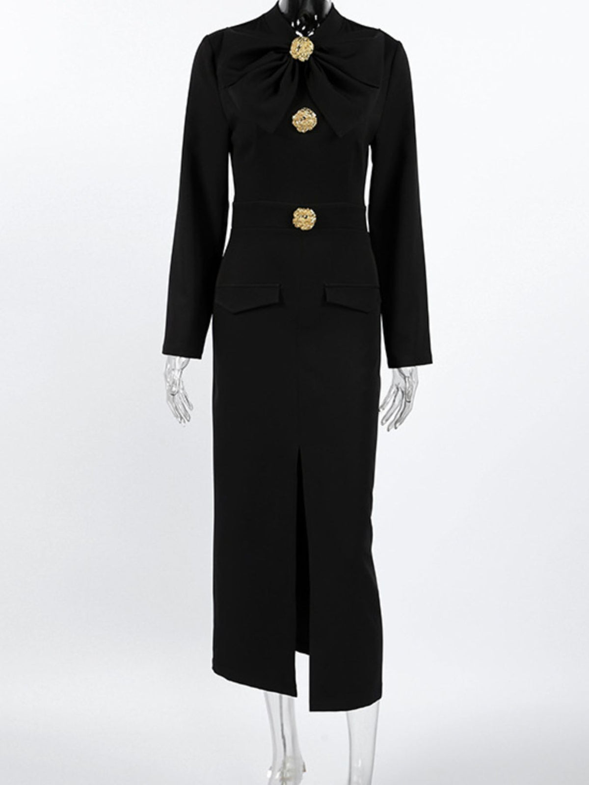 Ruched Long Sleeve Midi Dress in Black