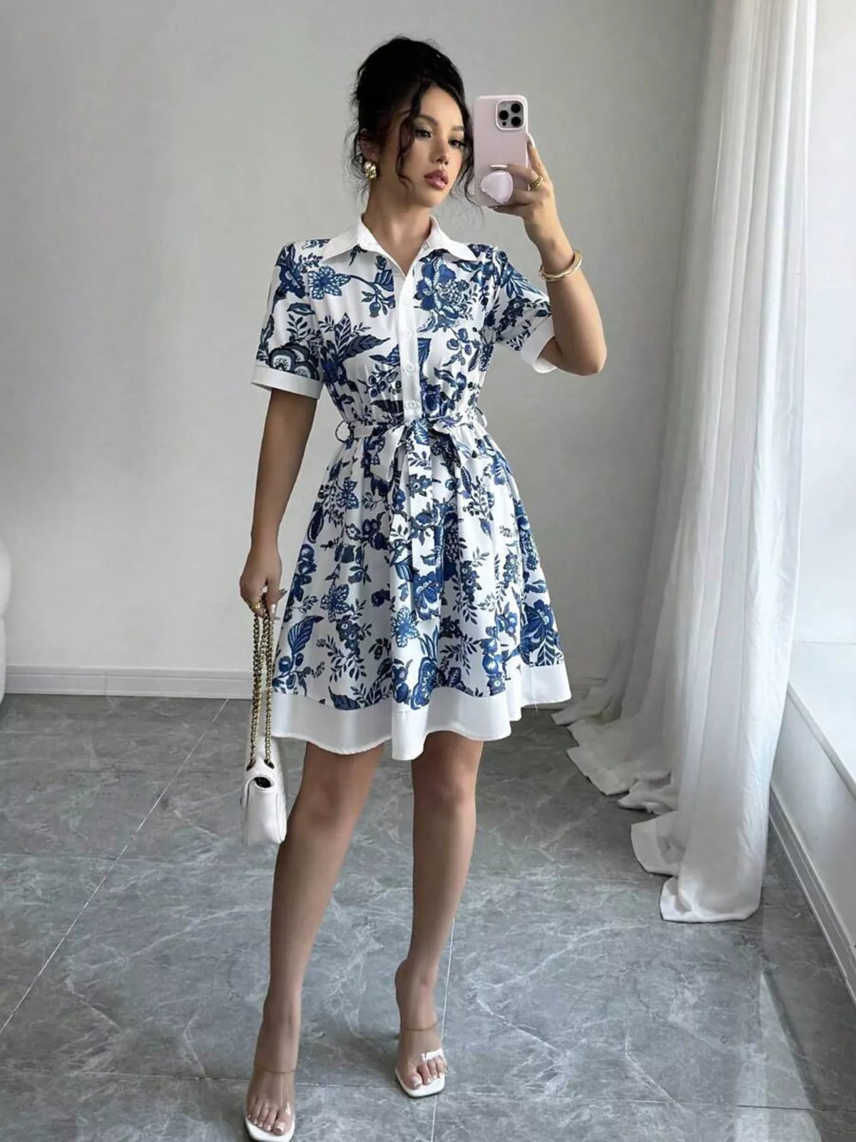 Belted Button-Front Mini Dress