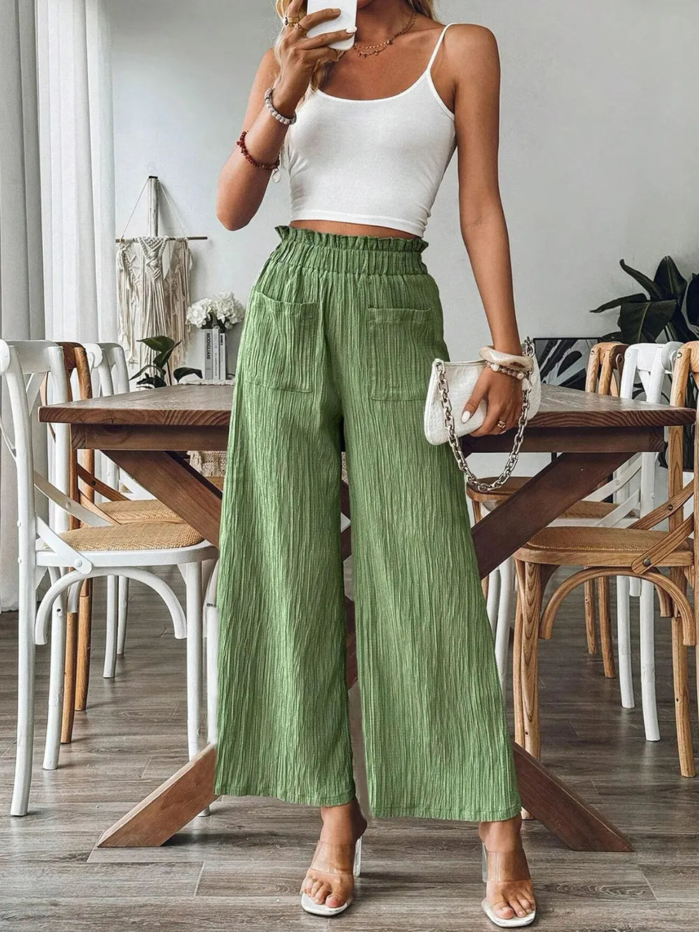 Elastic Waist Wide Leg Pants with Pockets