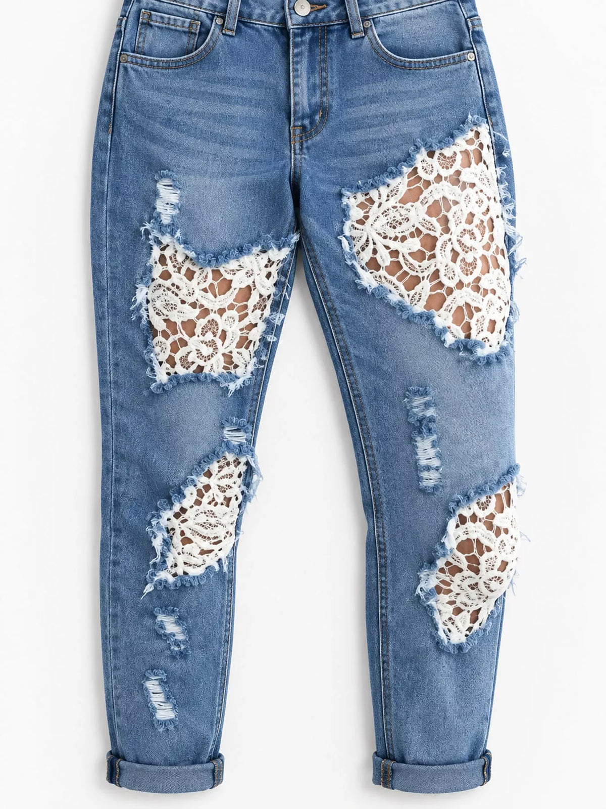 Distressed Lace Skinny Jeans in Blue