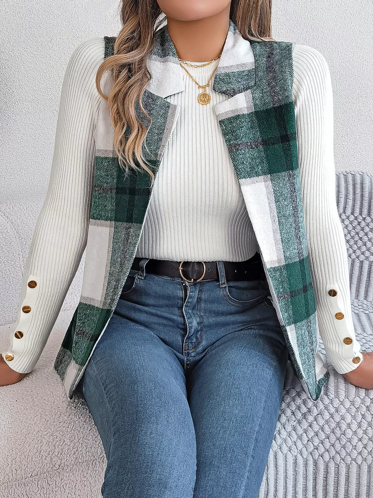 Plaid Open-Front Vest by Clise
