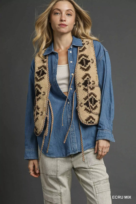 Umgee Sherpa Tie-Front Vest in Ecru Mix