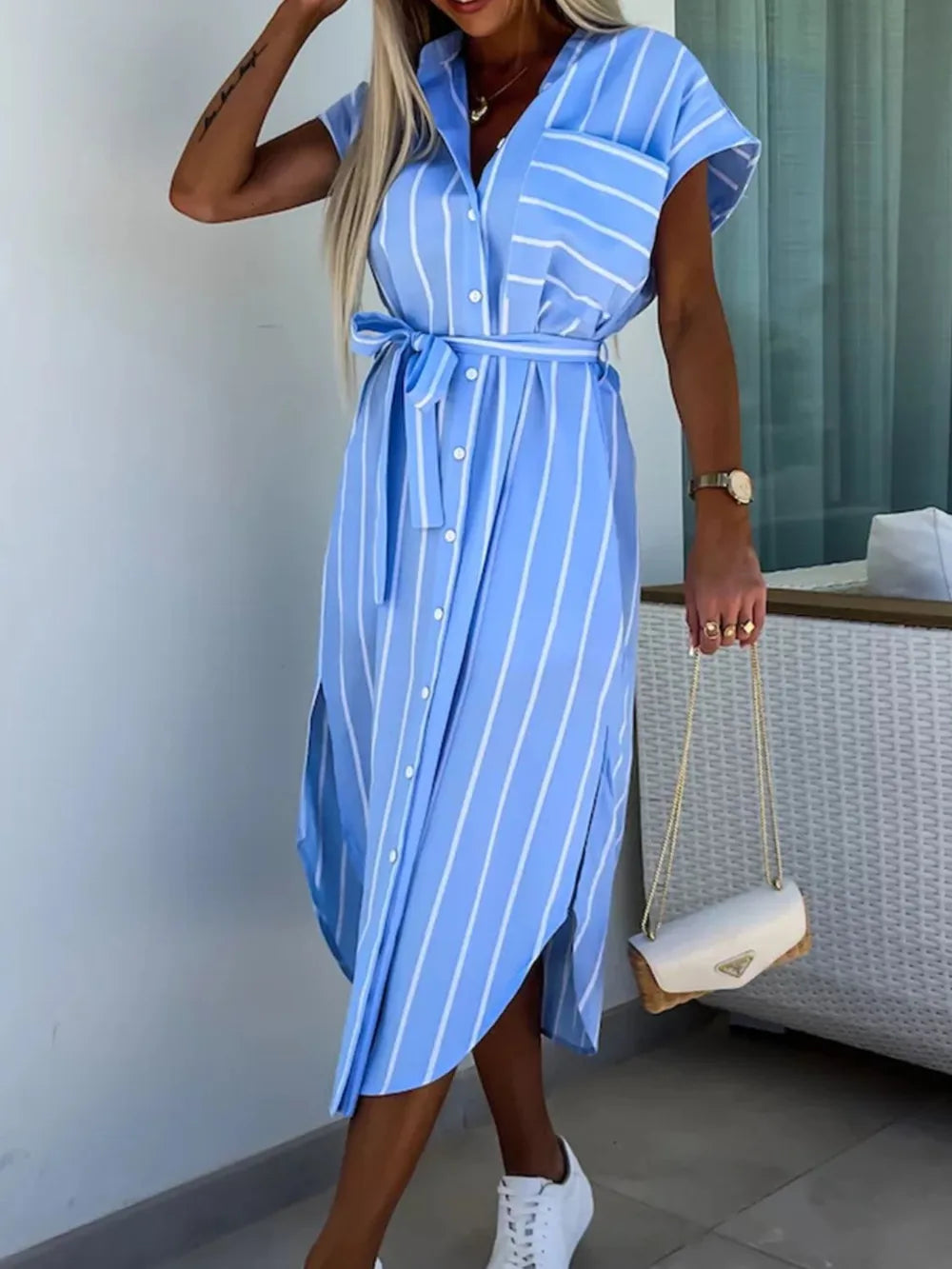 Striped Tie Waist Short Sleeve Dress