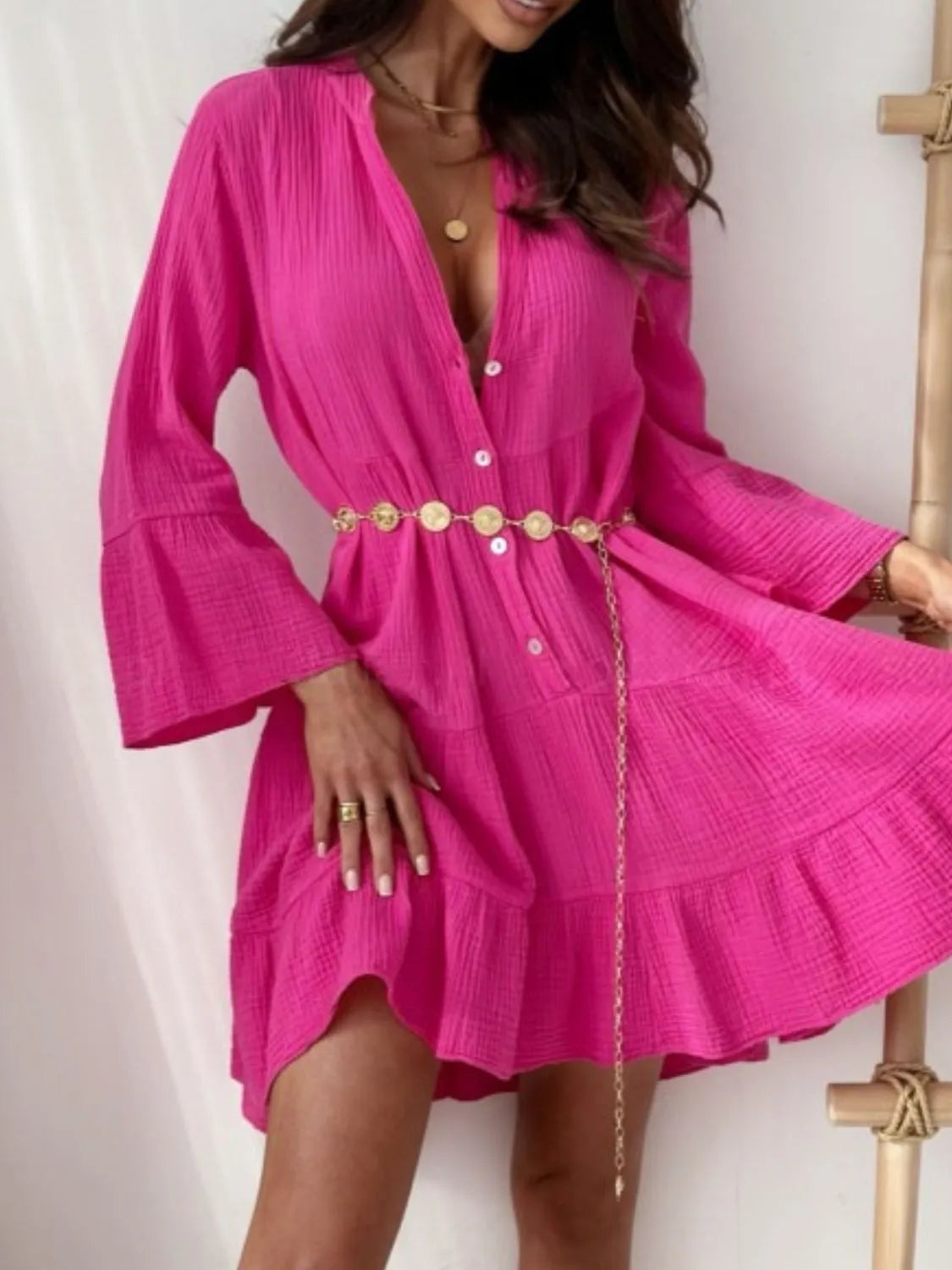 Button Detail Notched Long Sleeve Dress