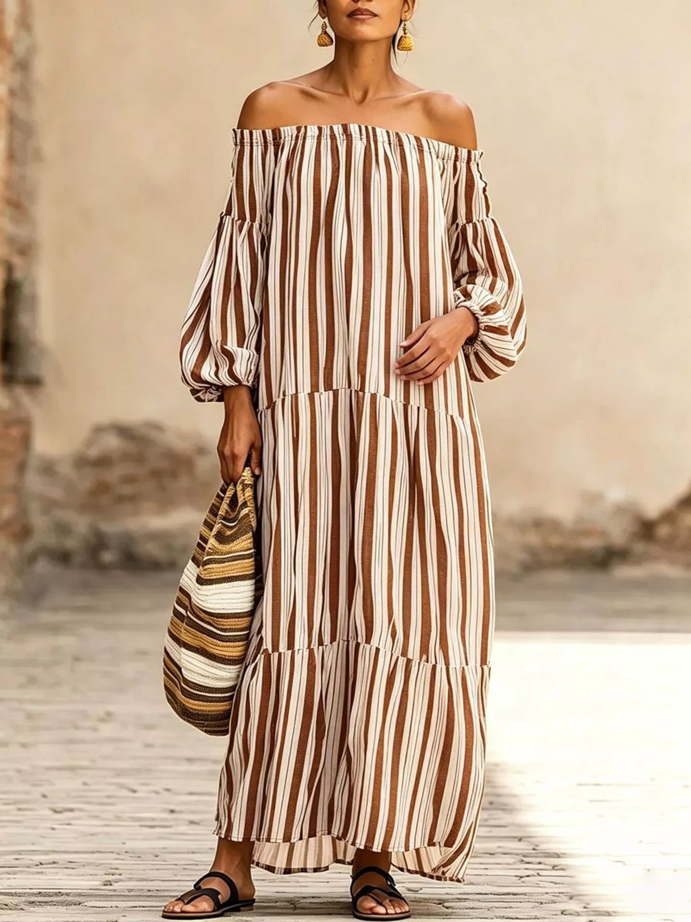 Striped Off-Shoulder Maxi Dress