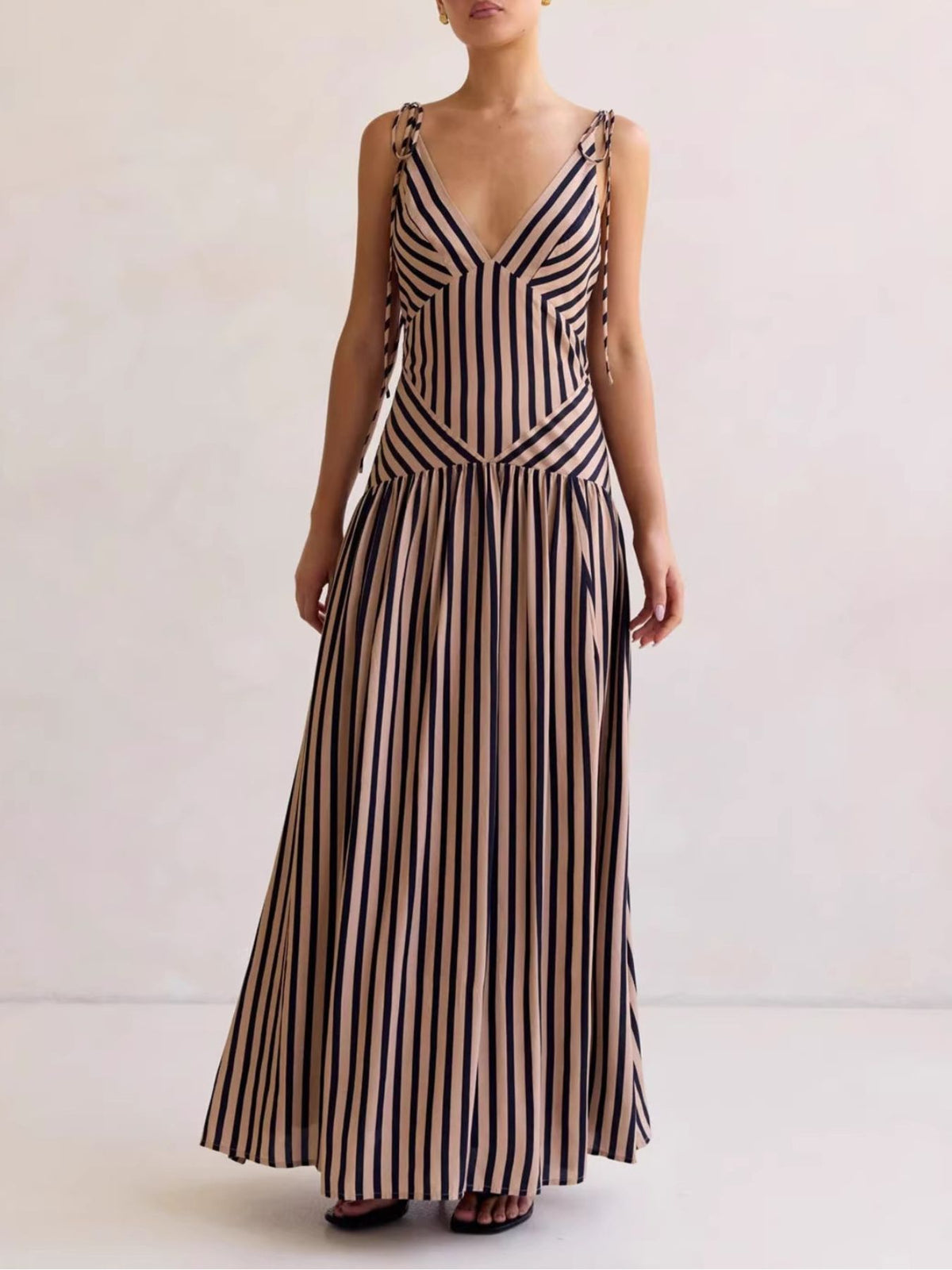 Striped V-Neck Tie-Shoulder Maxi Dress in Brown