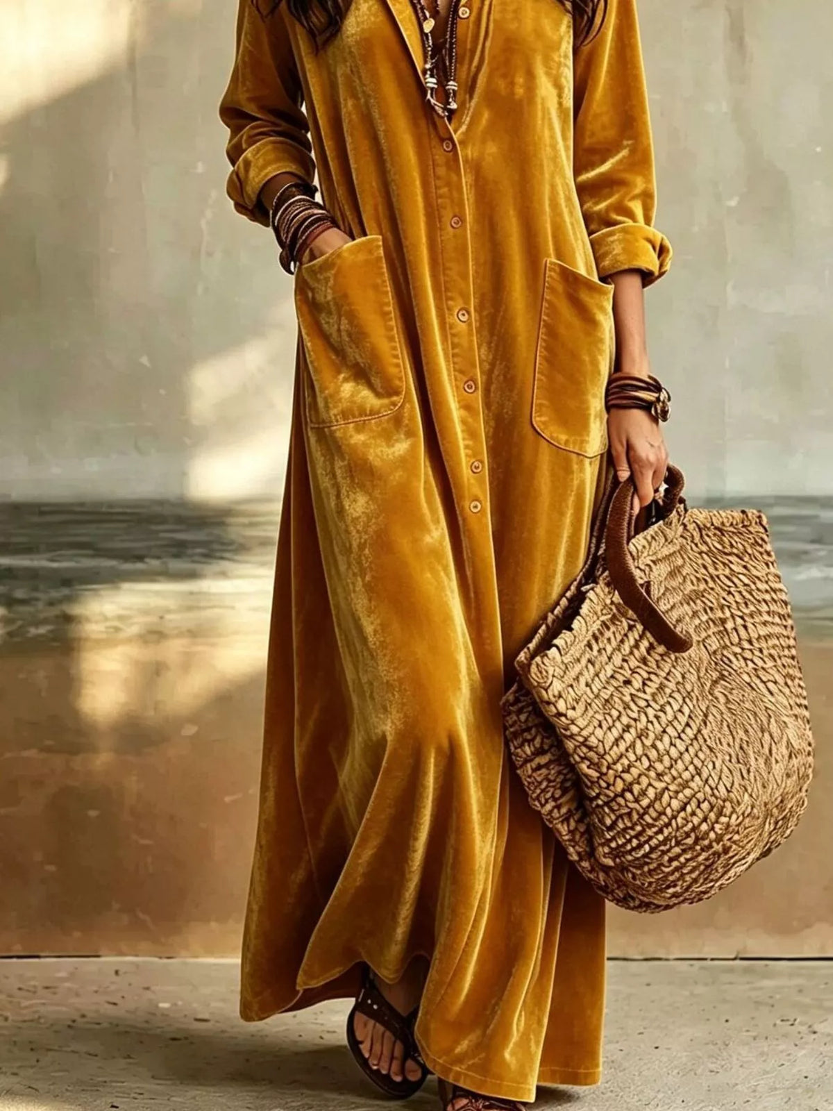 Bohemian Velvet Button-Down Maxi Dress
