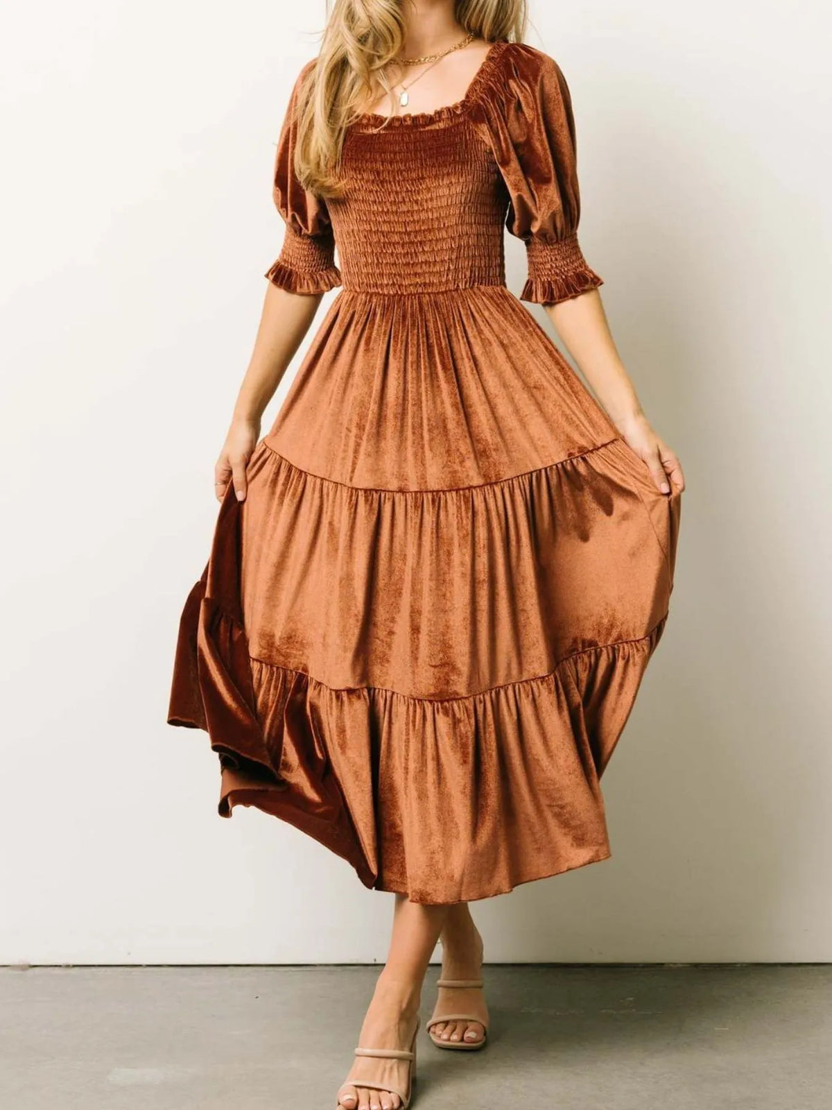 Smocked Half-Sleeve Tiered Midi Dress