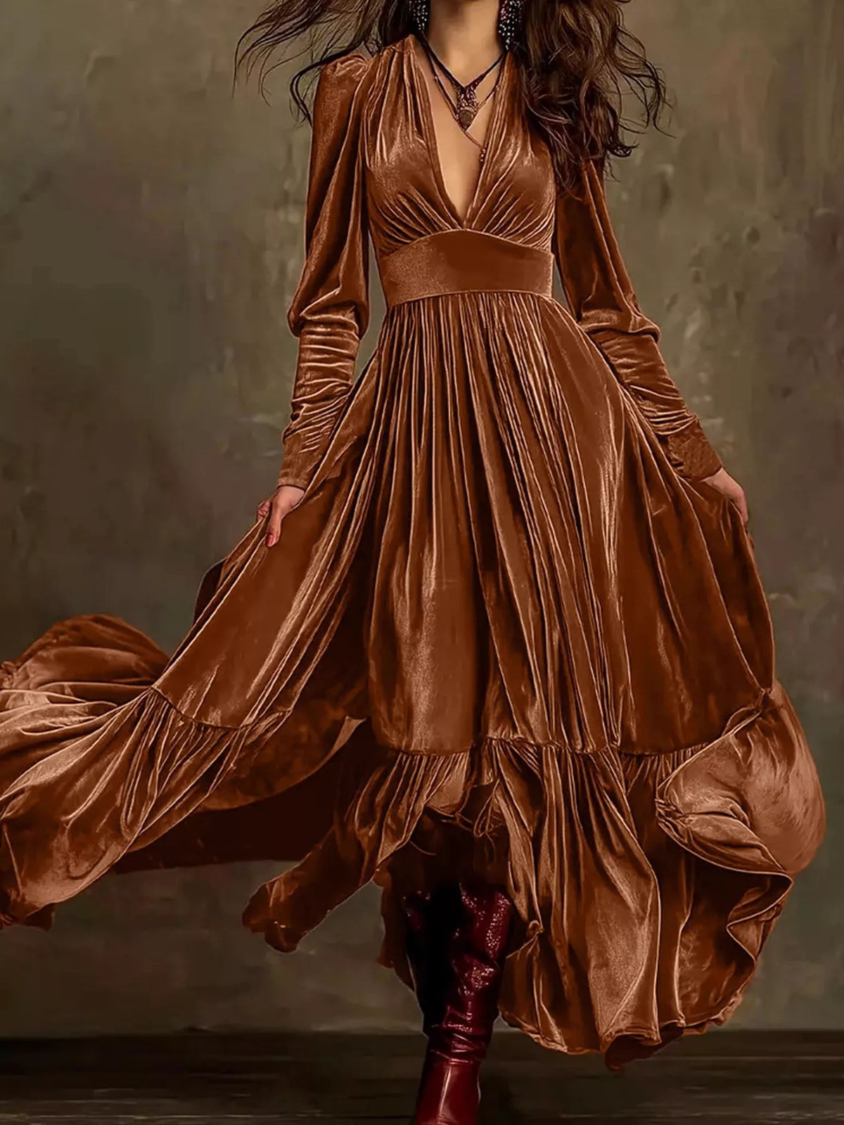 Velvet V-Neck Ruffled Dress in Brown