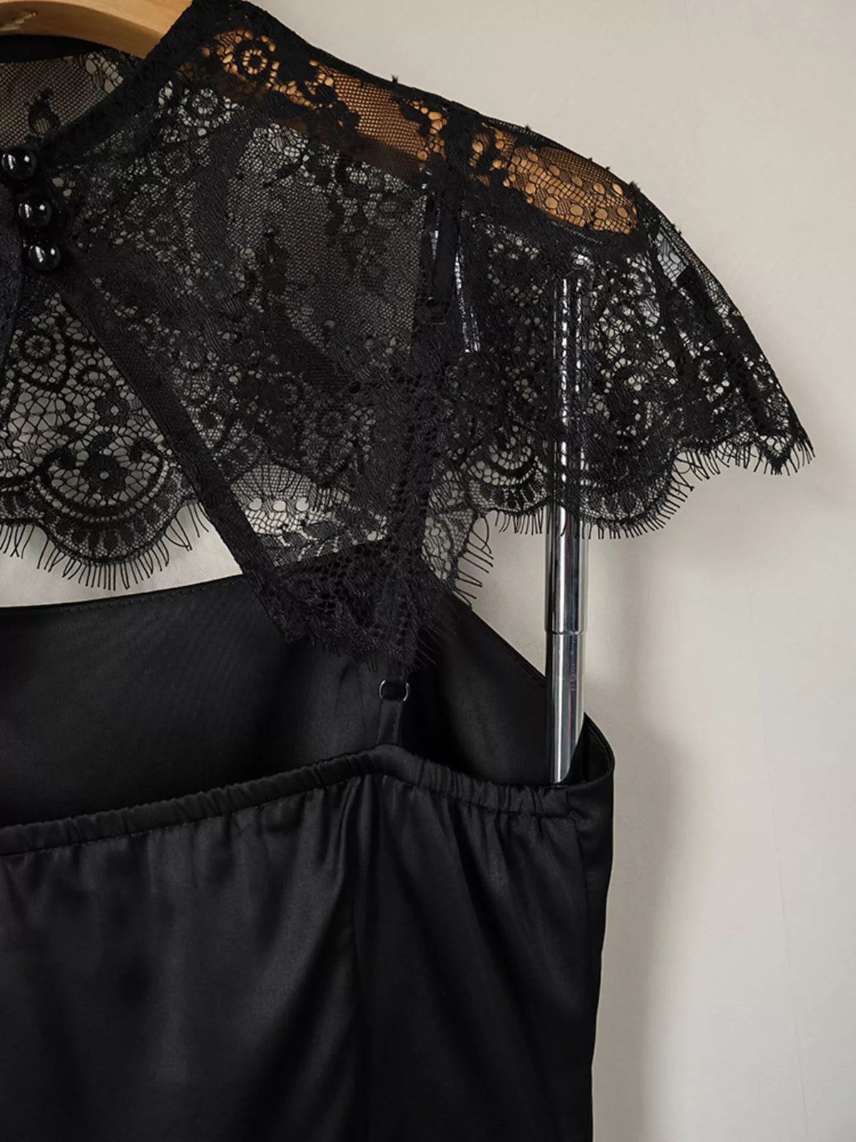 Satin Mini Dress with Lace Detachable Cape in Black