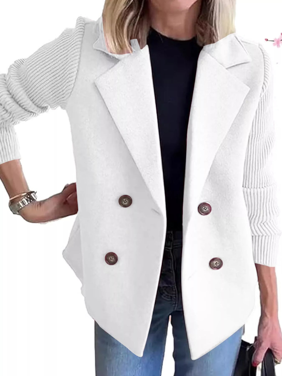 Double-Breasted Hybrid Blazer with Ribbed Knit Sleeves