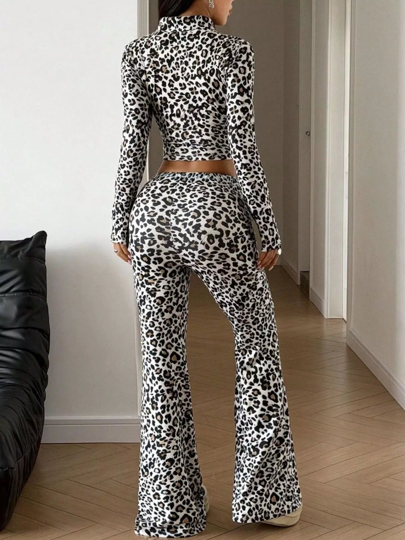 Leopard Print Zip-Up Two-Piece Set in Gray