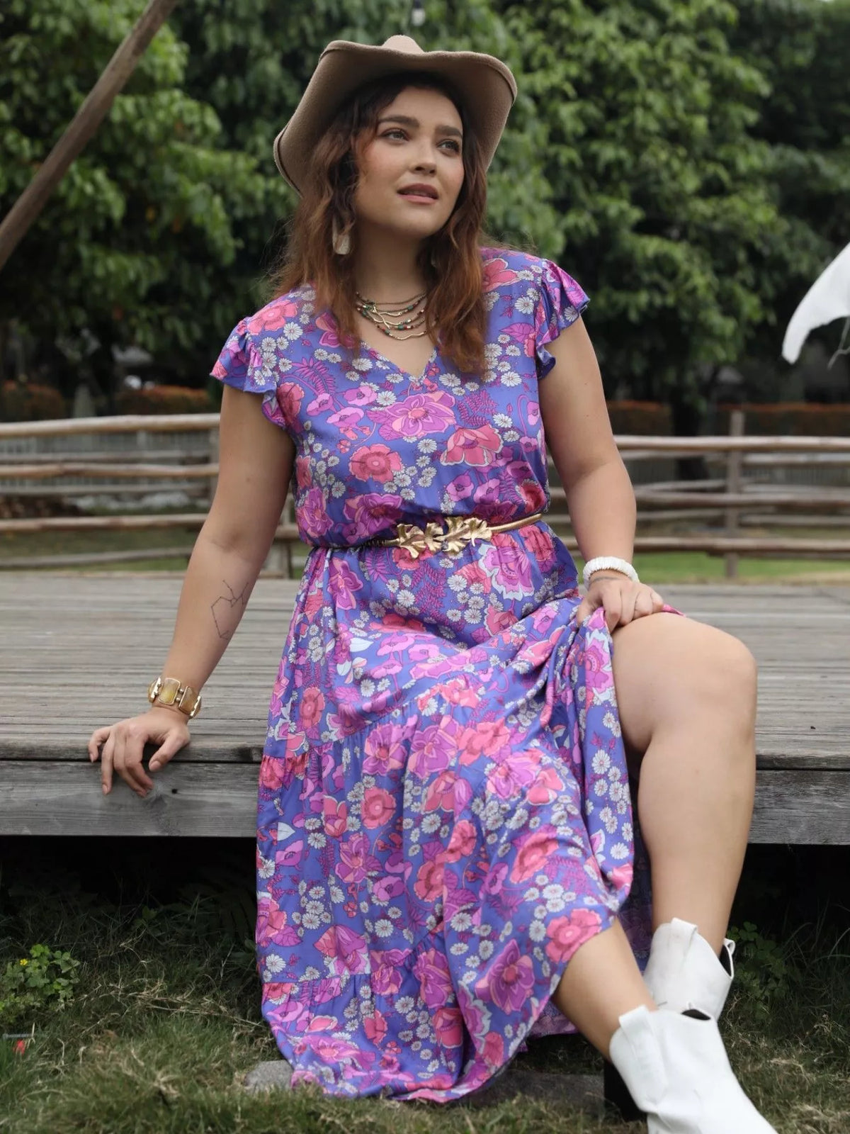 Floral Print Tiered Maxi Dress in Vivid Violet