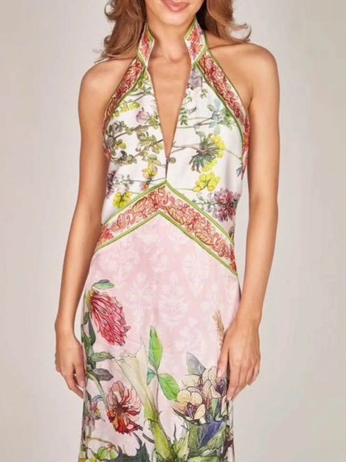 Printed Halter Neck Backless Maxi Dress in Color
