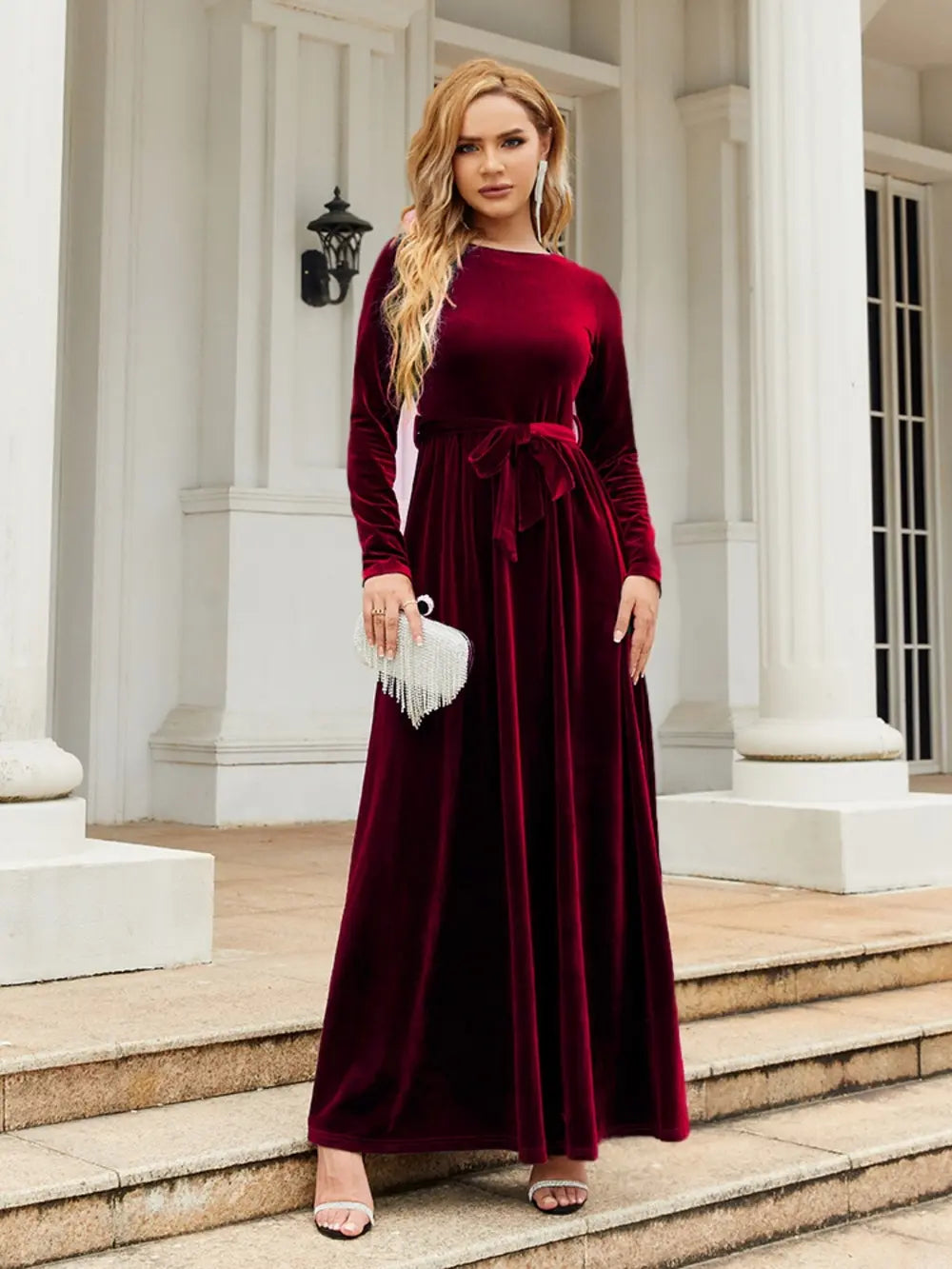 Tie-Front Round-Neck Long-Sleeve Maxi Dress