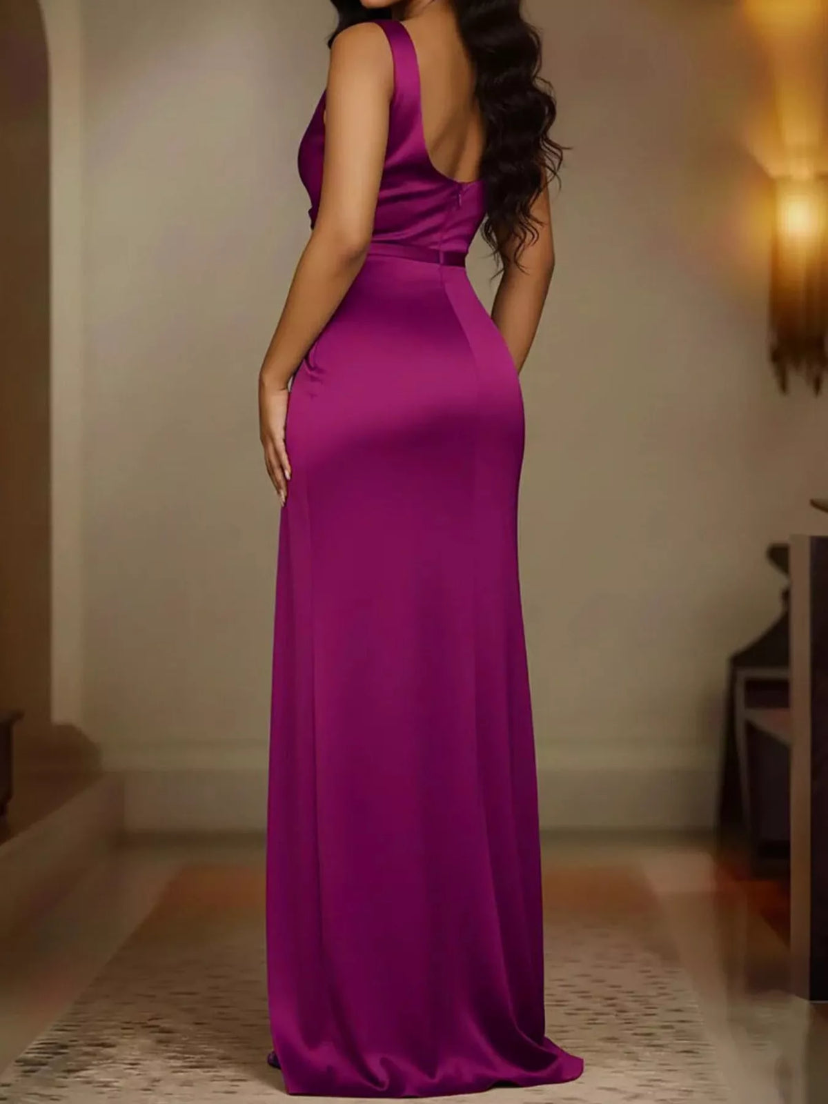 Satin Cowl Neck High-Slit Evening Maxi Dress
