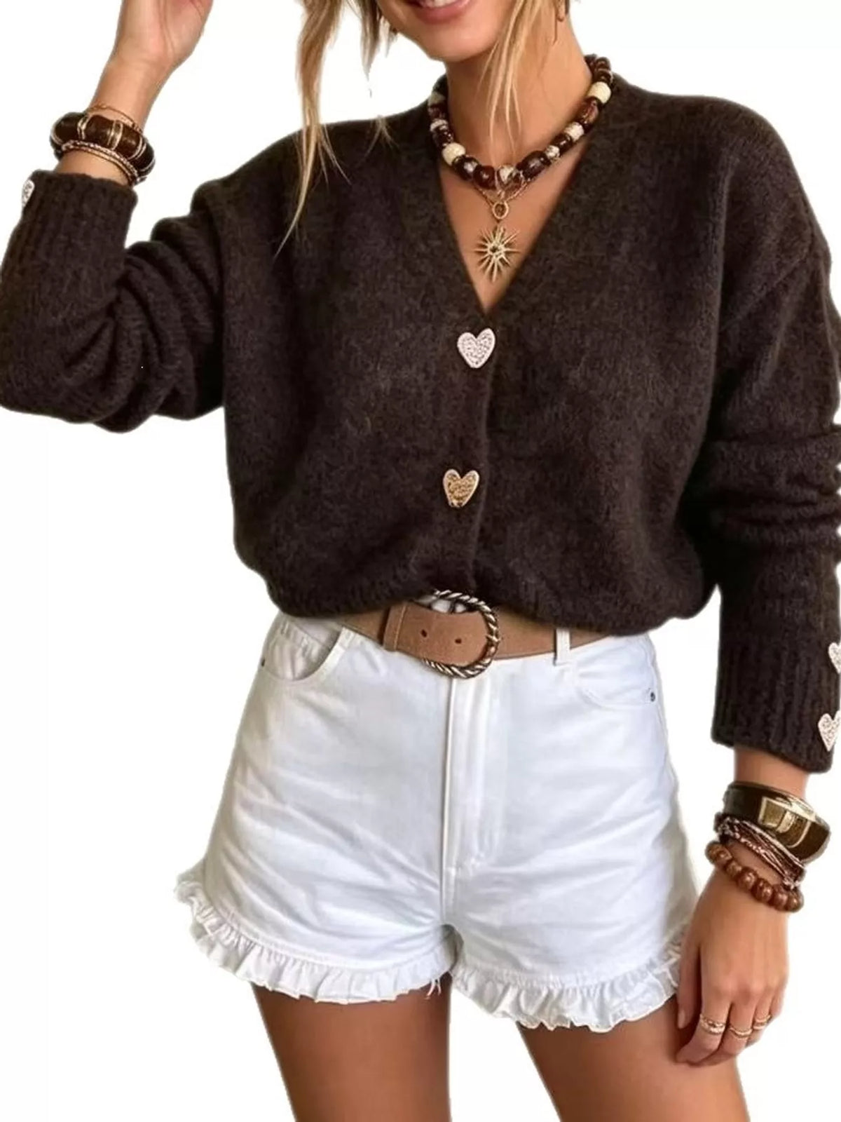 V-Neck Heart-Shaped Button Cardigan