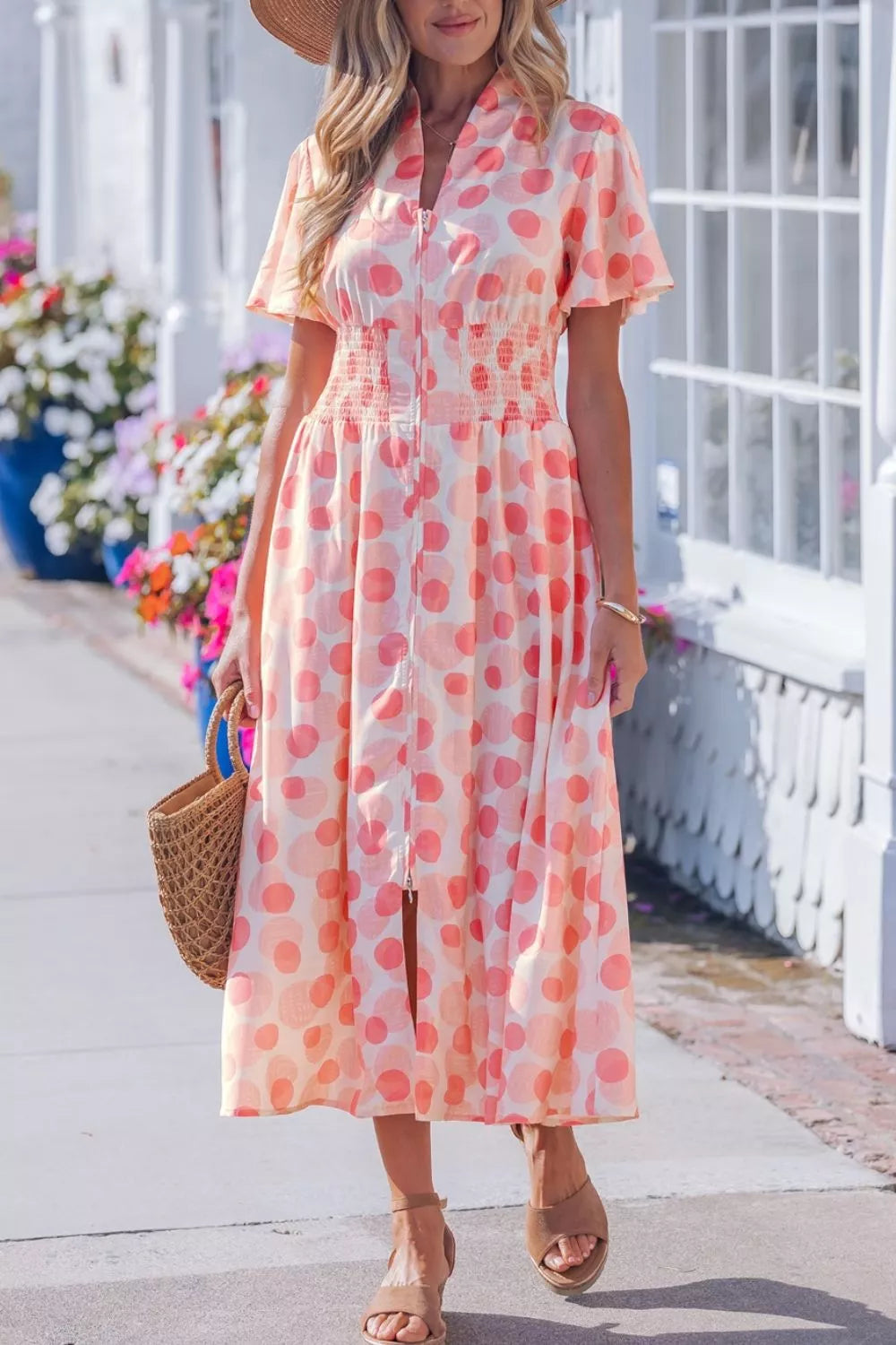 Polka Dot Puff Sleeve Midi Dress in Floral