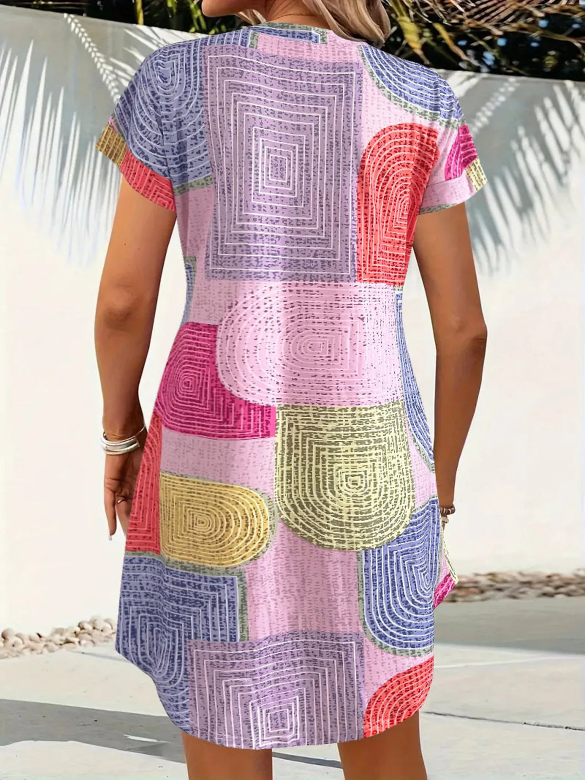 Geometric V-Neck Button-Front Dress