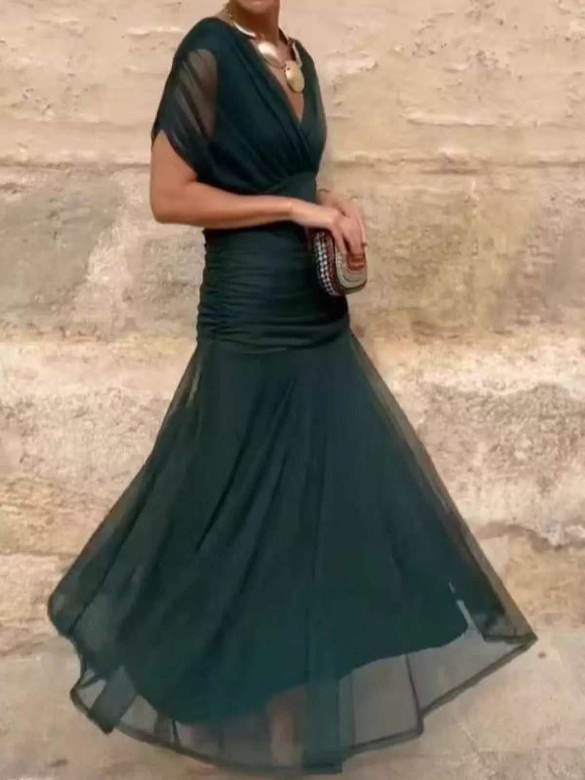 Off-Shoulder Mesh Ruched Maxi Dress, Plus Size
