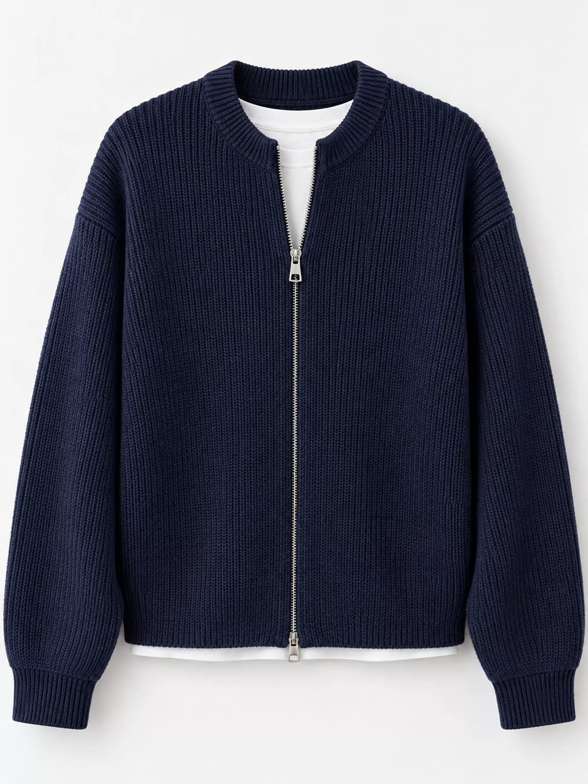 Zip-Up Dropped Shoulder Ribbed Cardigan